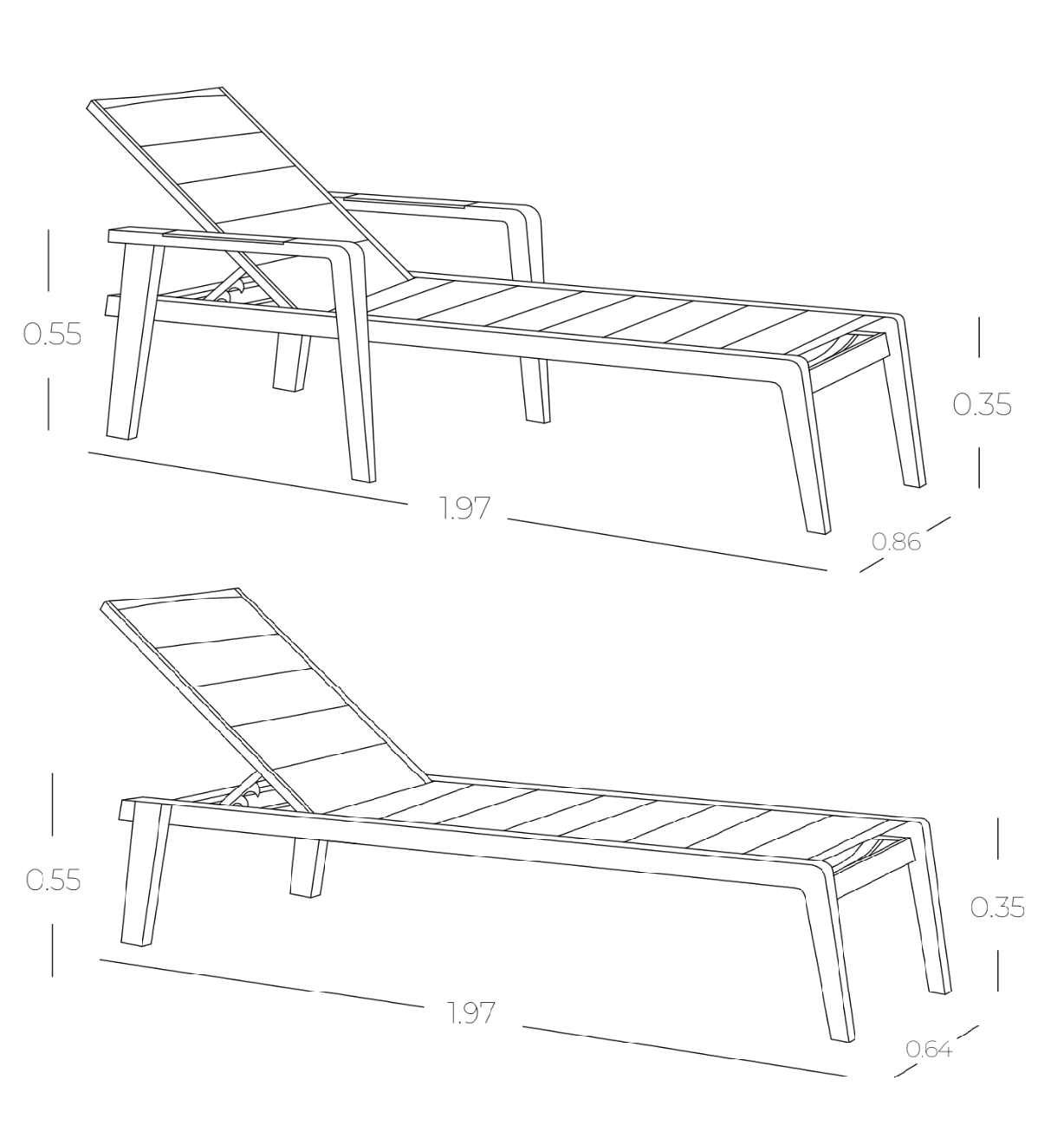 Medidas de asoleadora MANHATTAN, especificaciones técnicas del camastro con y sin brazos