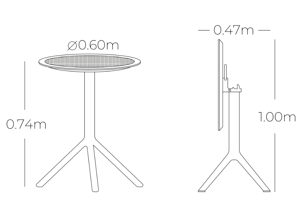 Medidas de mesa de comedor SOLE, especificaciones técnicas de mesa redonda plegable Ø 60 x 74cm