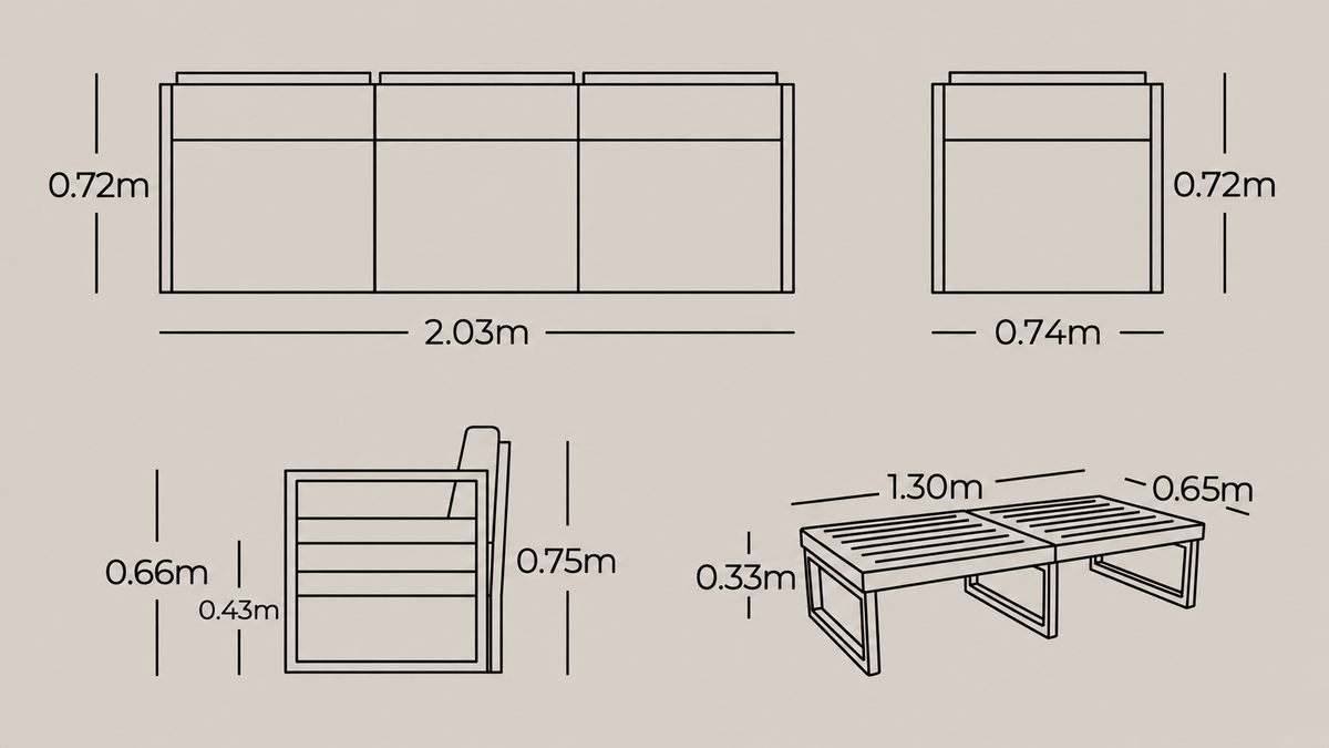 Plano técnico y dimensiones de la Sala ADRIA con sofá, sillones y mesa