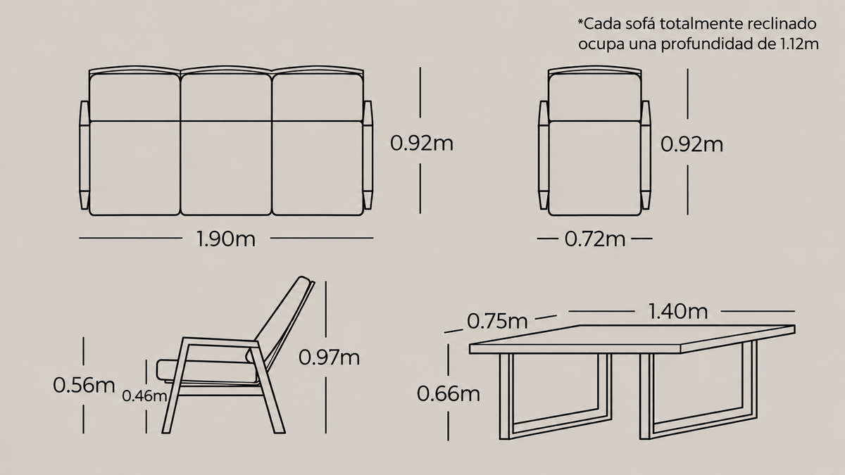 Plano técnico y dimensiones de la Sala ALURA con sofá, sillones y mesa de comedor