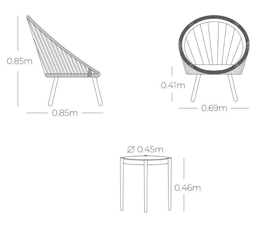 Plano técnico y dimensiones del Set de Balcón GENOVA con sillas y mesa