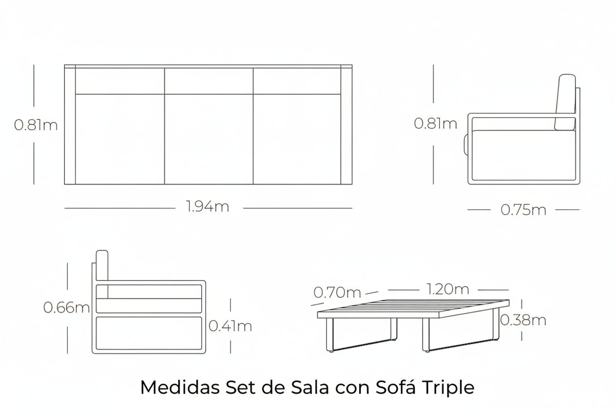 Plano técnico y dimensiones de la Sala PORTO con sofá de tres puestos