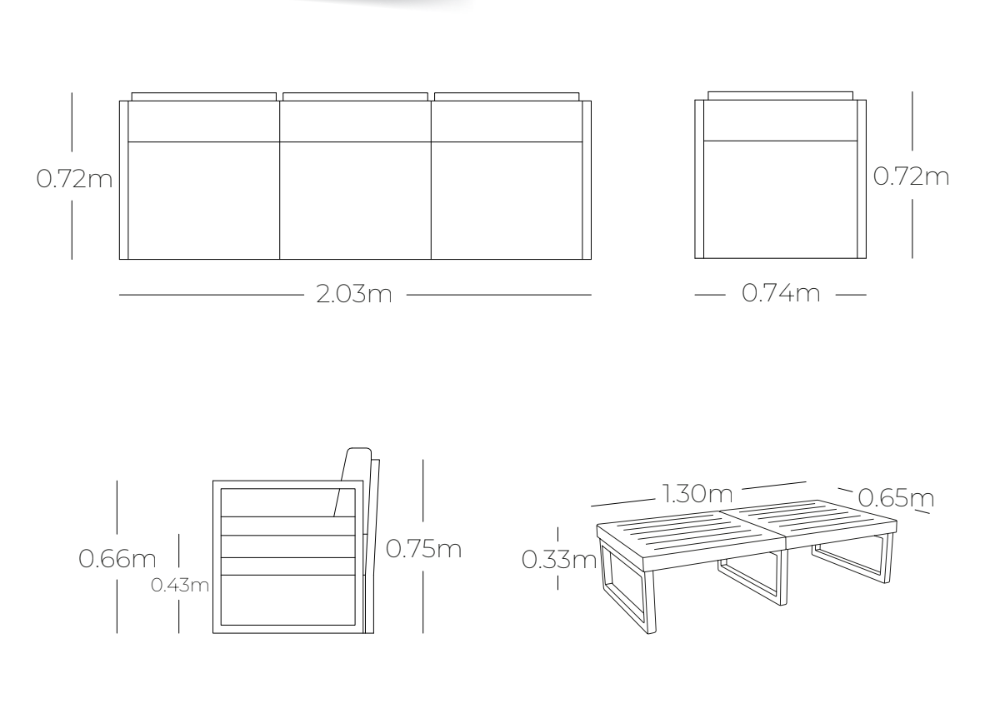 Medidas de sala ADRIA, especificaciones técnicas del conjunto de sofás de resina desmontable