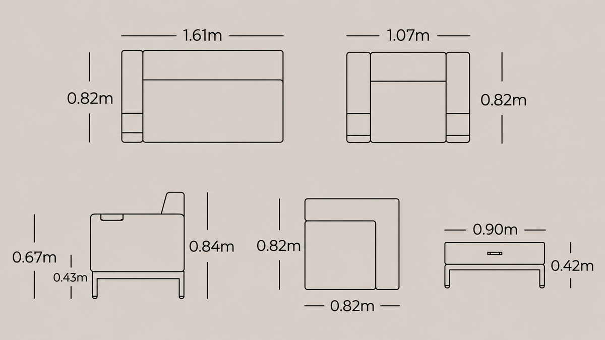Plano técnico y dimensiones de la Sala CANARIAS con sofá, sillones y mesa