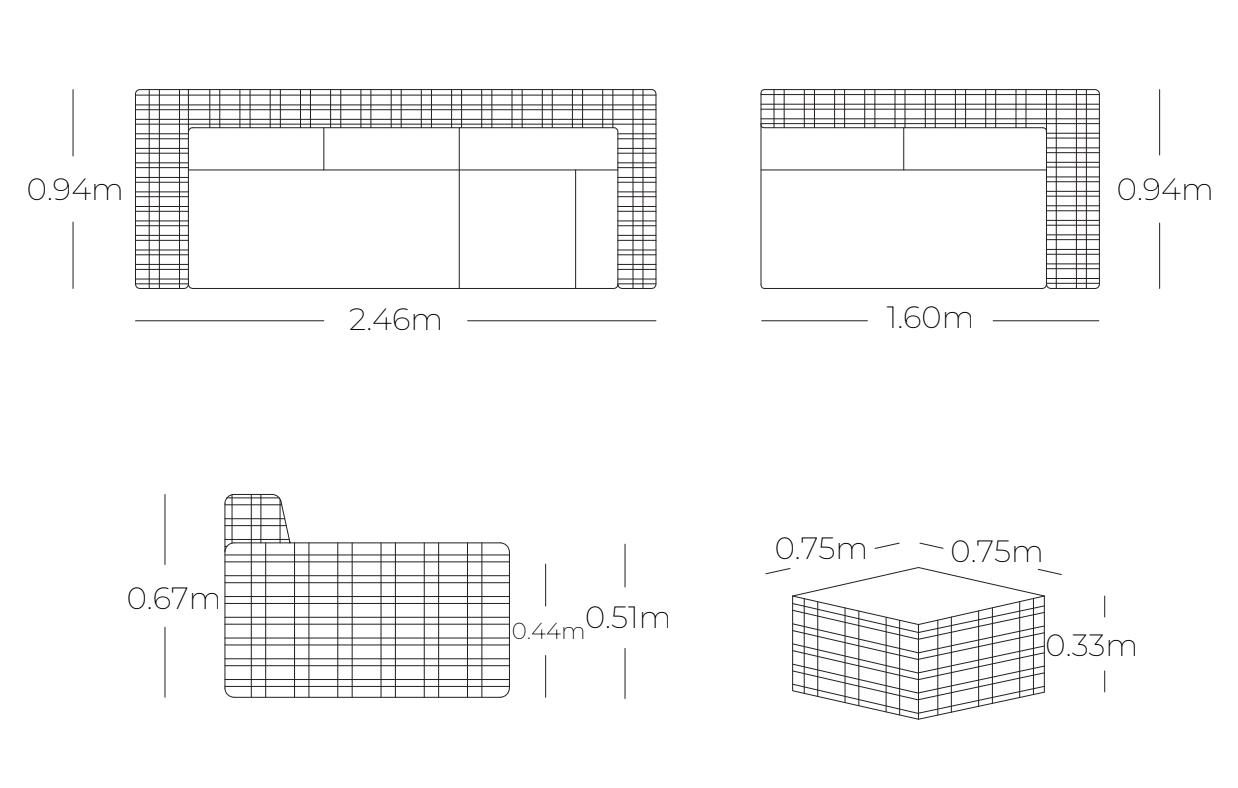 Medidas de sala KAPAS, especificaciones técnicas del conjunto de sofás de aluminio con fibra termoplástica