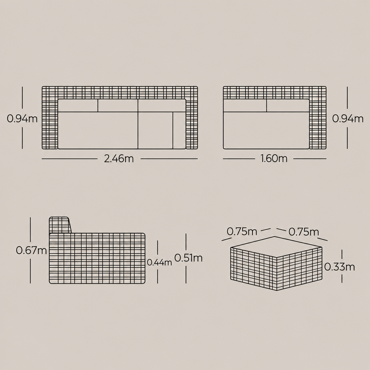 Plano técnico y dimensiones de la Sala KAPAS con sofá y mesa de centro
