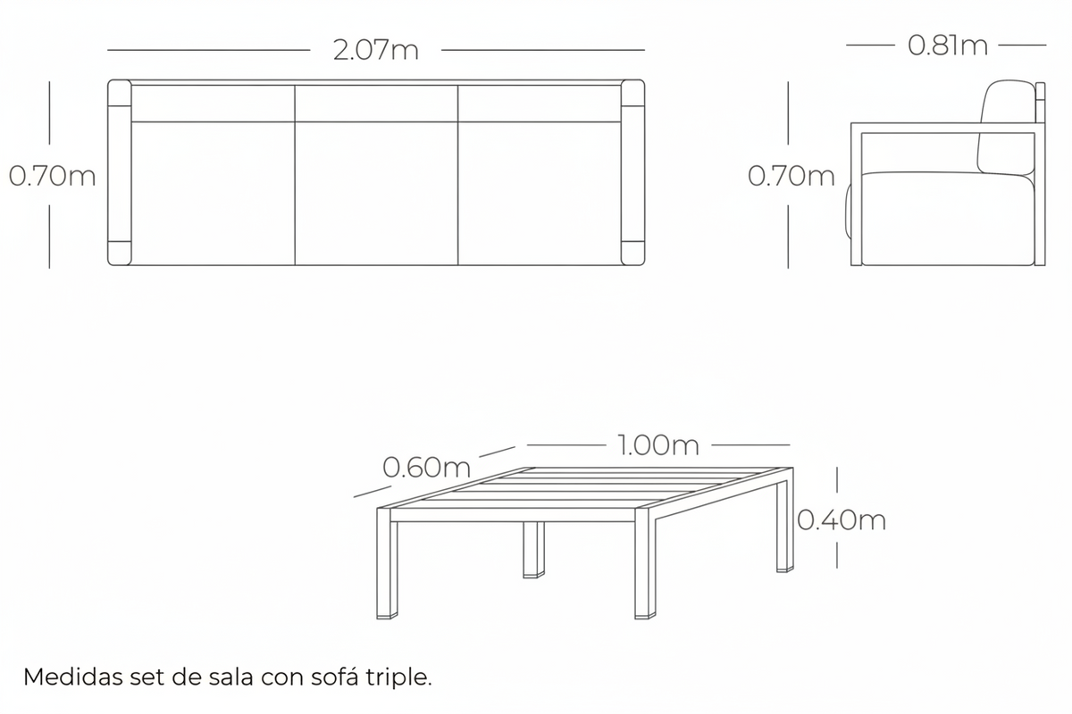 Plano técnico y dimensiones de la Sala NIZA con sofá de tres puestos
