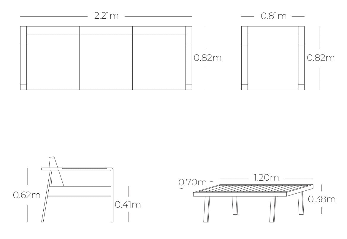 Plano técnico y dimensiones de la Sala POMPANO con sofá, sillones y mesa