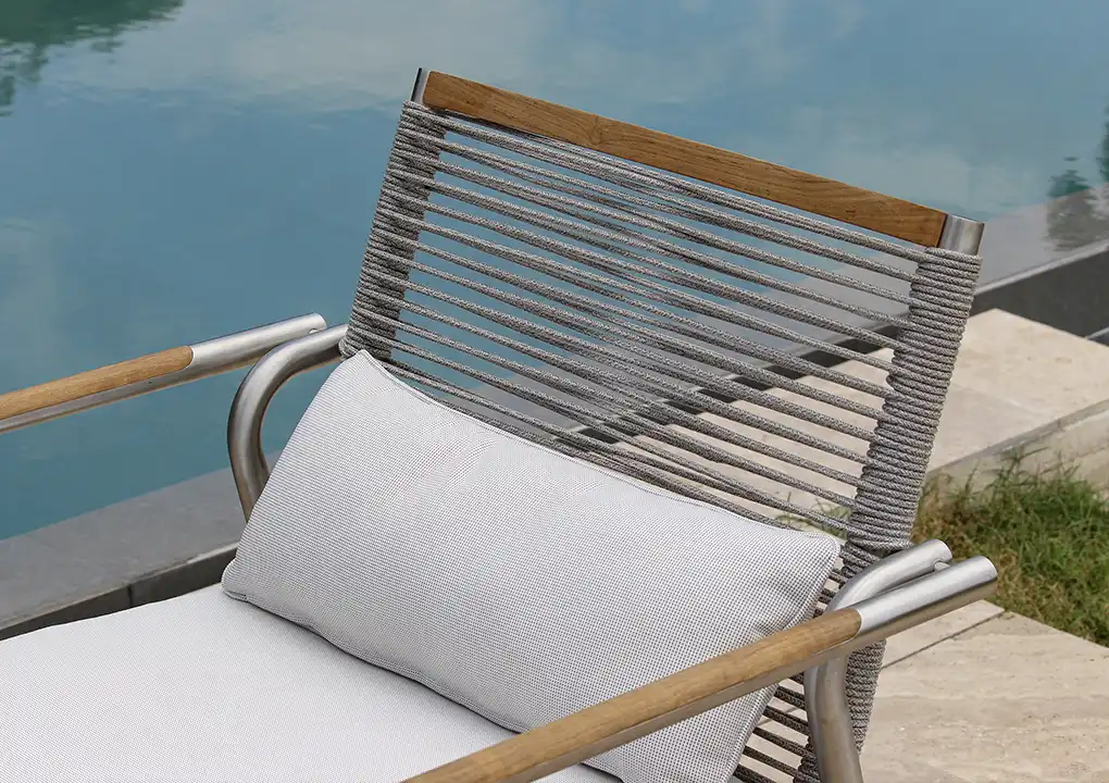 Set de sala VELEROS, sala de acero inoxidable con cuerdas de poliéster gris y mesa de centro