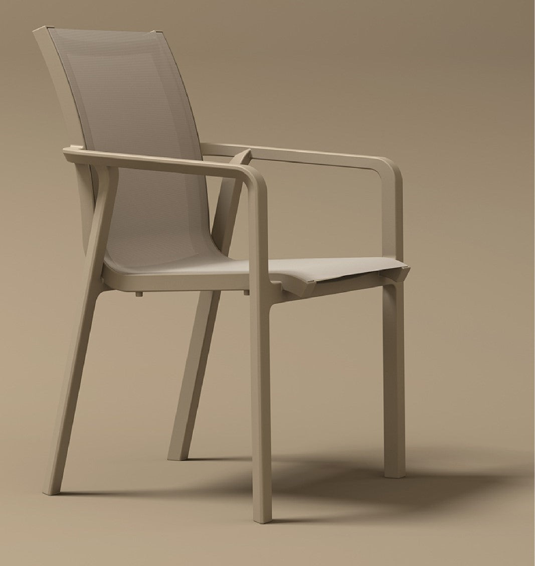 Silla MARE taupe, silla de resina con malla Serge Ferrari apta para intemperie para terraza