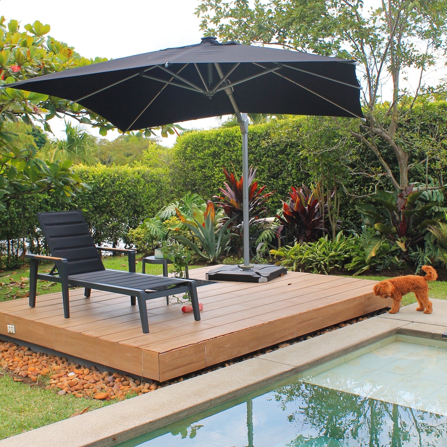 Vista de asoleadora MANHATTAN con brazos, camastro de aluminio con textilene negro y madera teca
