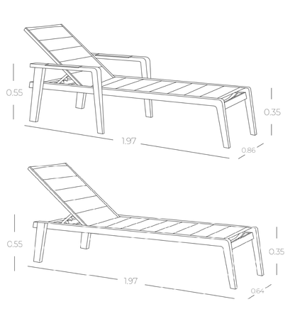 Medidas de asoleadora MANHATTAN, especificaciones técnicas del camastro con y sin brazos

