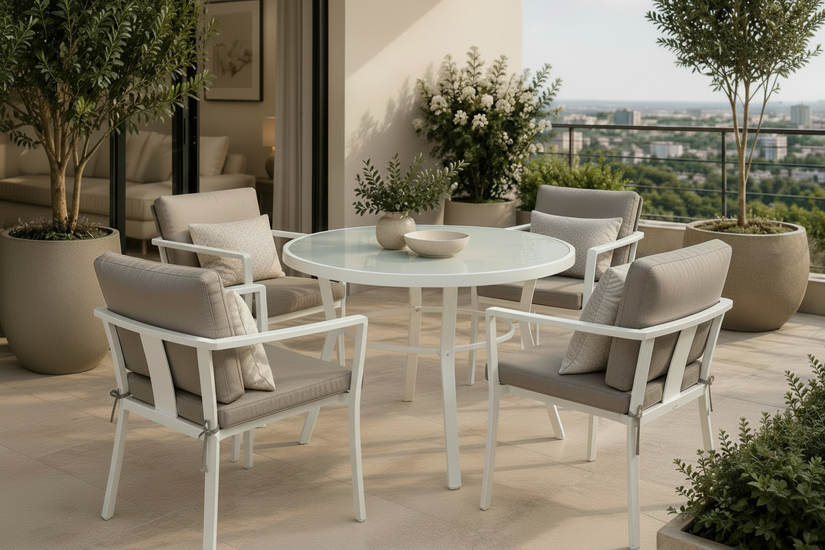 Comedor BALI blanco con mesa redonda para balcón y terraza cubierta