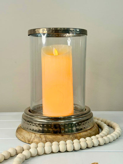 Candelabro decorativo de cristal claro con base de madera natural, portavelas para mesa de centro y sala