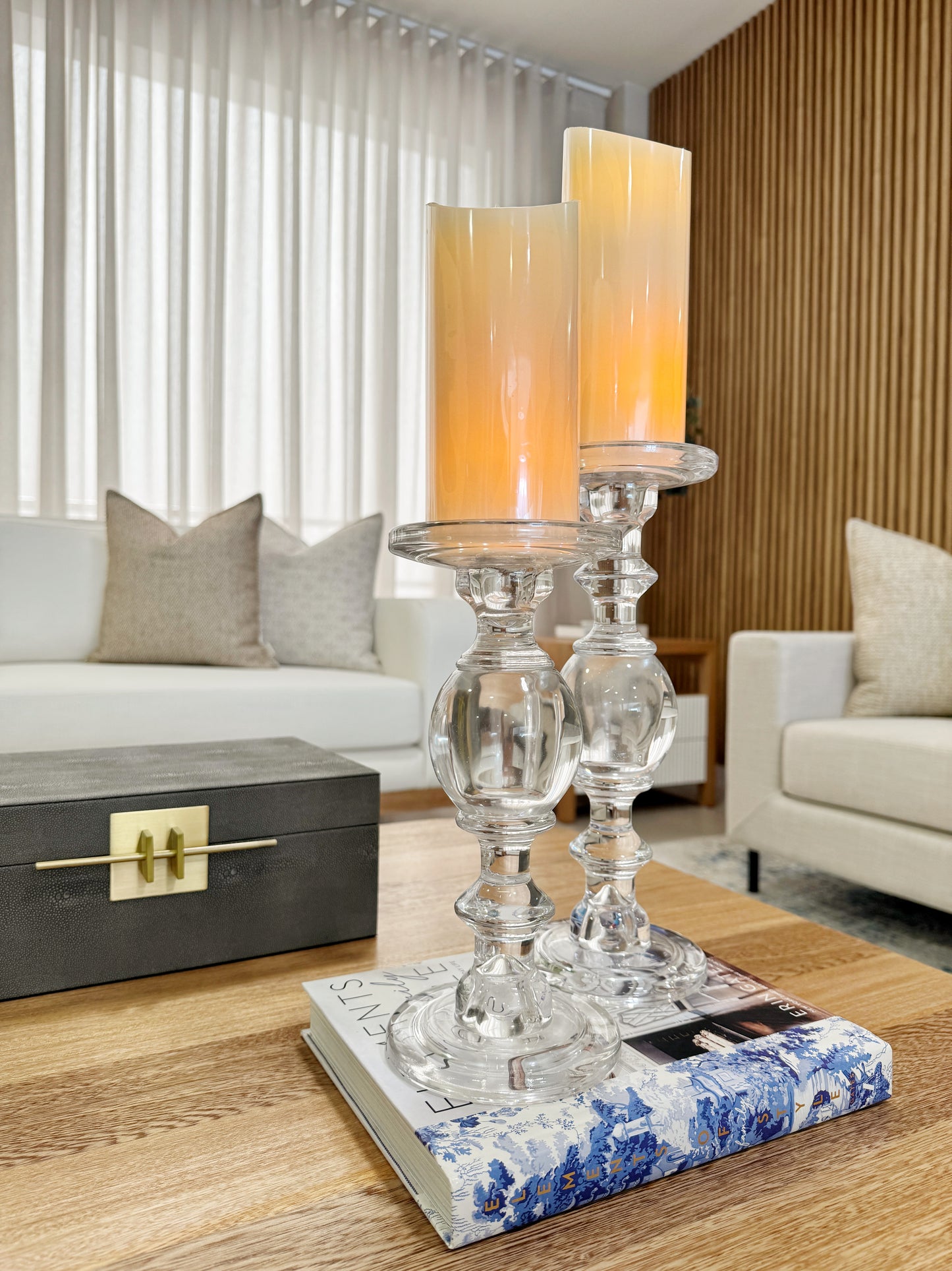 Candelabros de cristal claro transparente set x 2 tamaños (30cm y 25cm), portavelas decorativos para mesa de centro