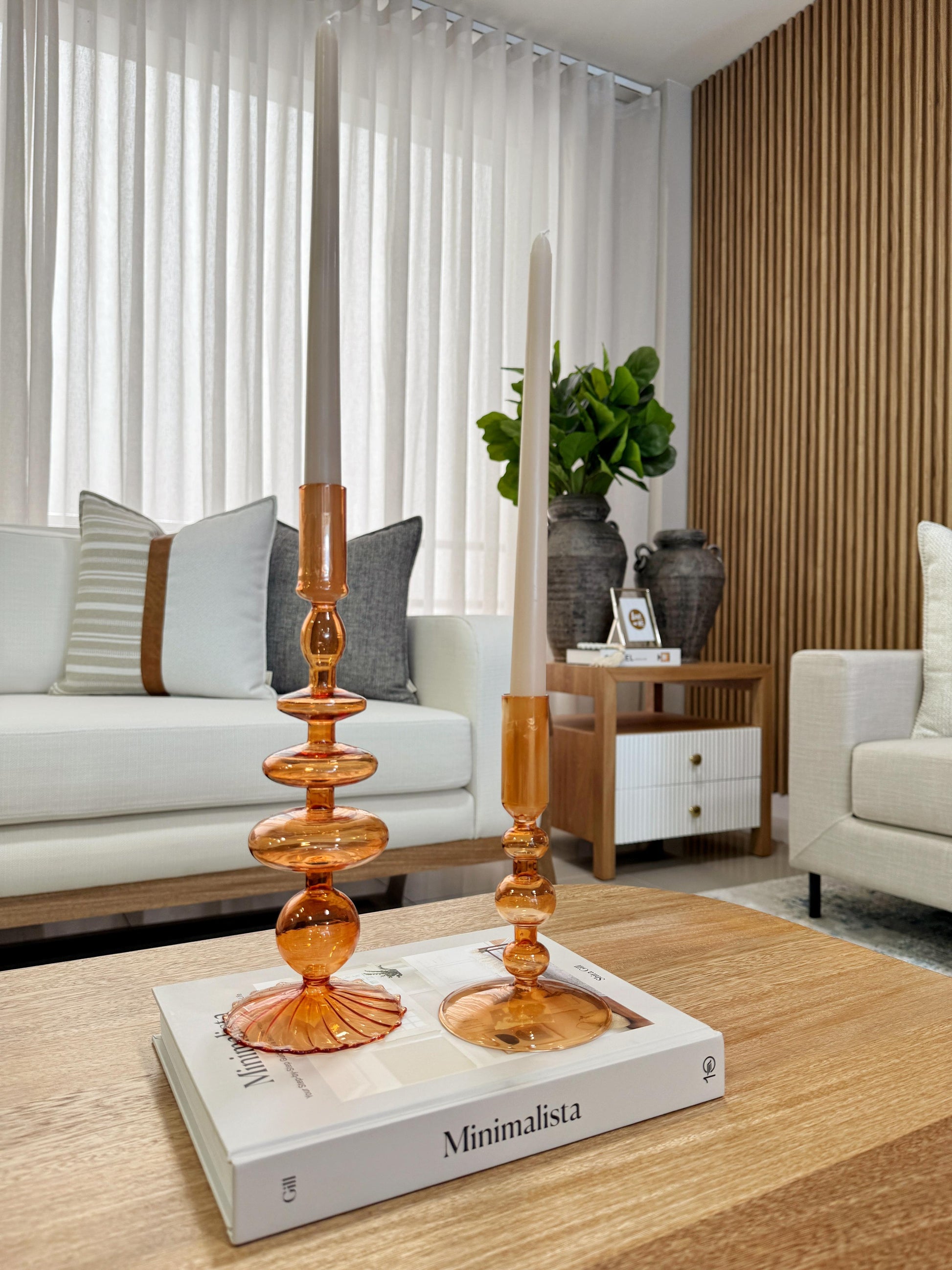 Candelabros de cristal ámbar set x 2 tamaños (28cm y 17cm), portavelas decorativos para mesa de centro