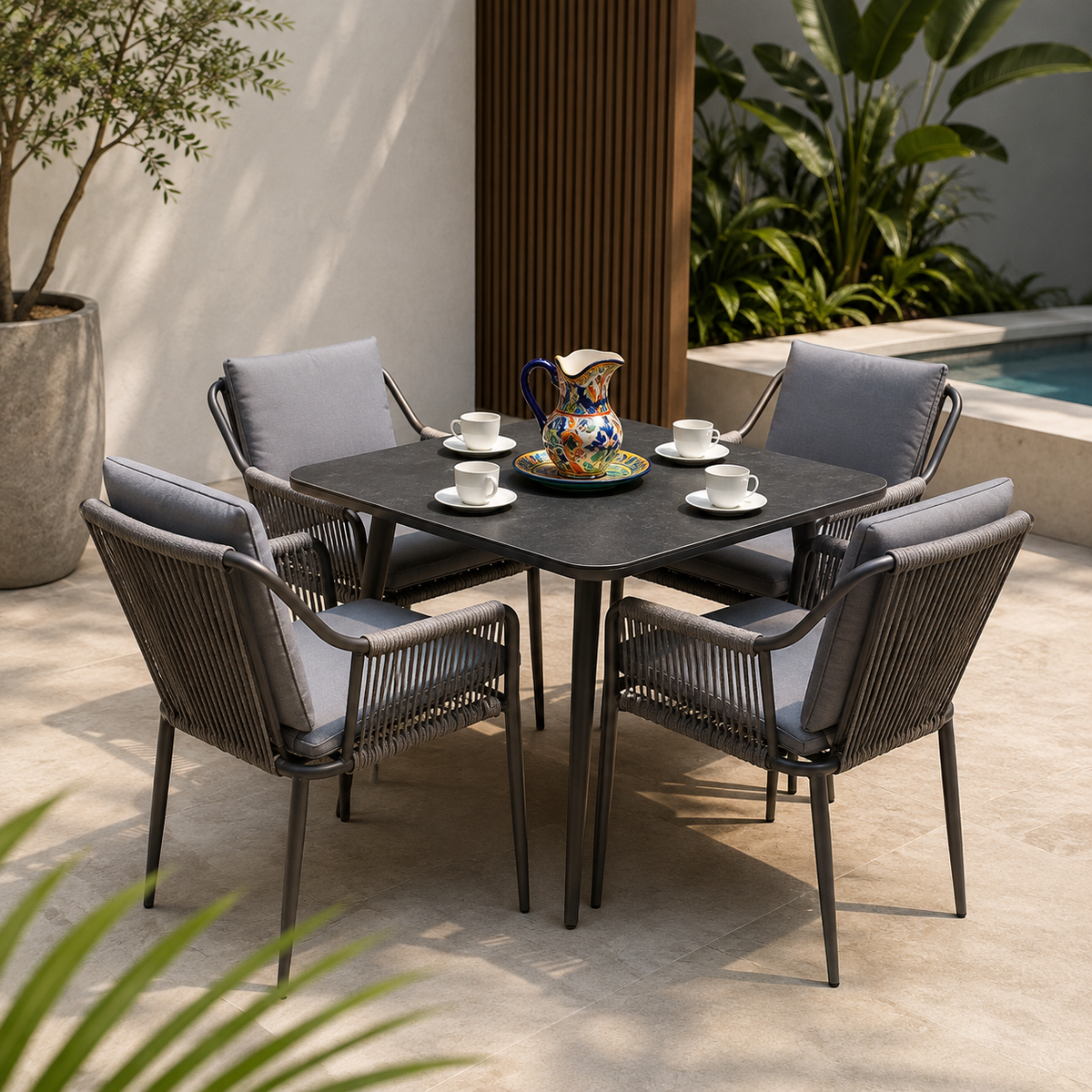 Comedor AMALFI en tonos oscuros para terraza y espacios exteriores