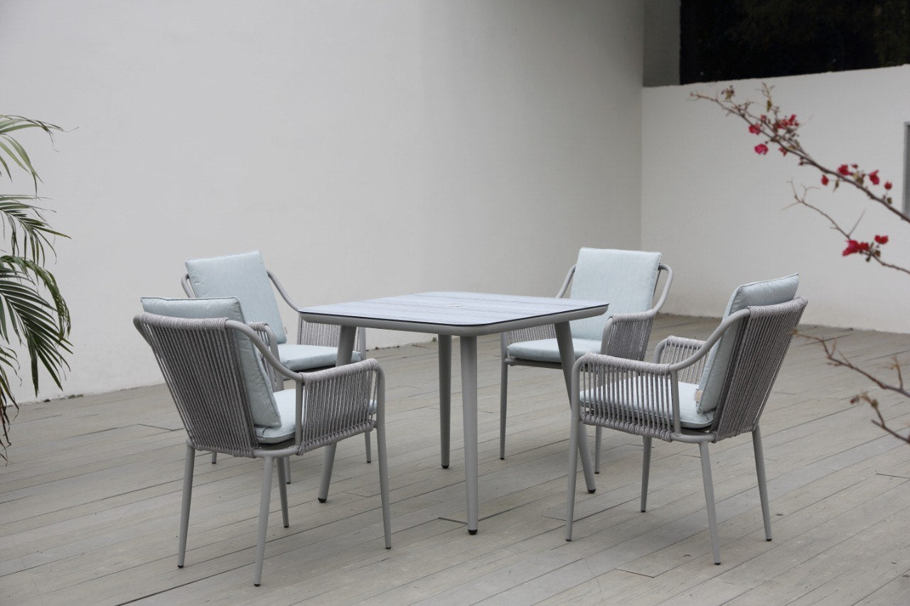 Set de comedor AMALFI 4 puestos negro, comedor de aluminio con cuerdas de poliéster para terraza