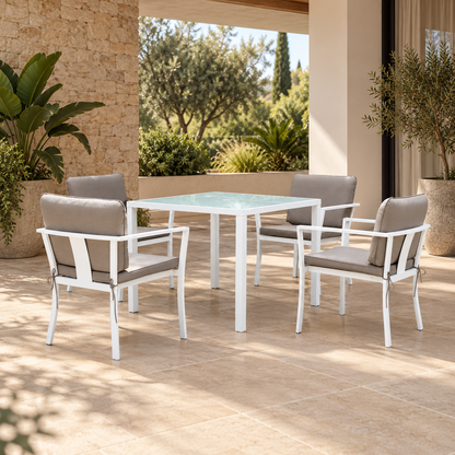 Comedor BALI blanco con mesa cuadrada para terraza y espacios exteriores cubiertos
