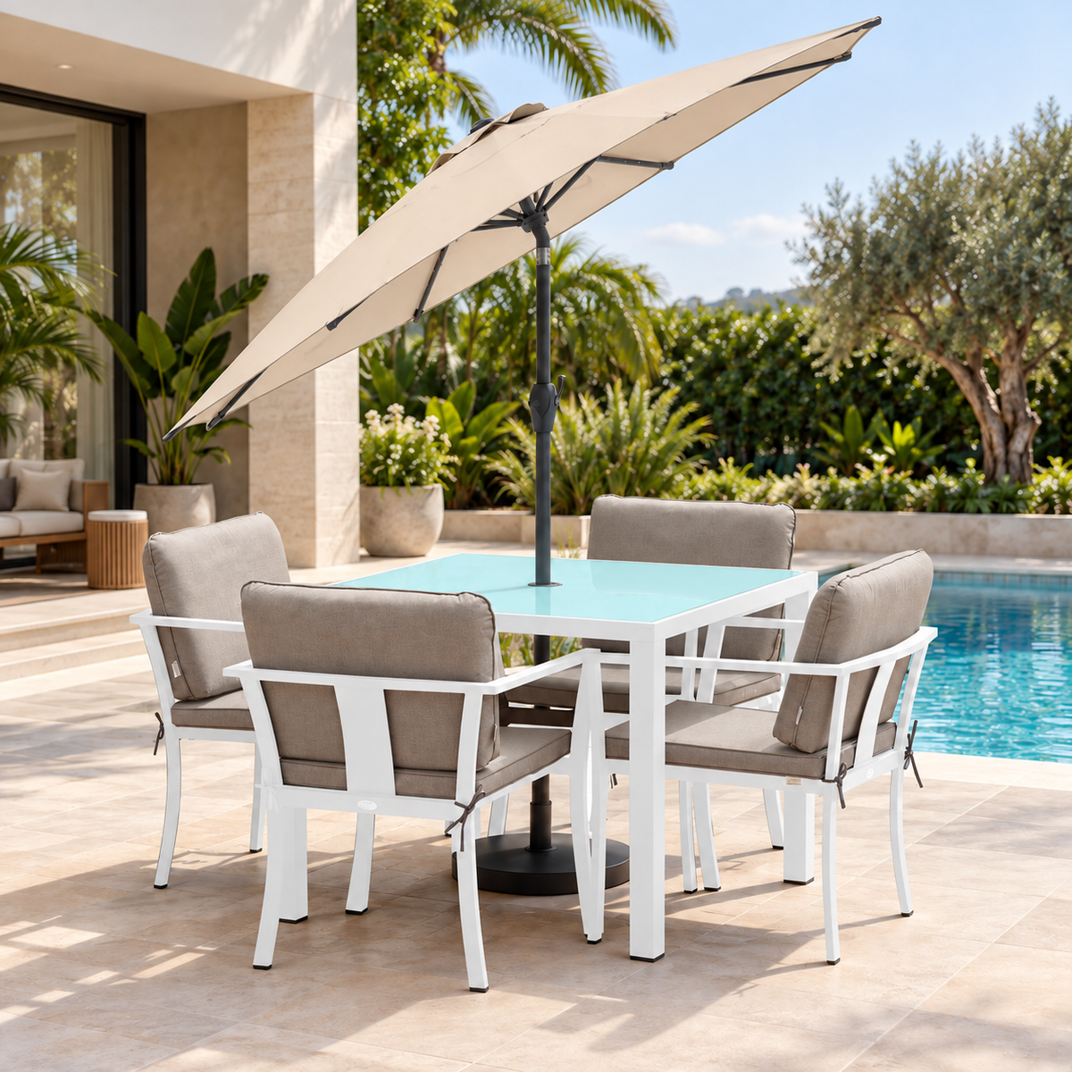 Comedor BALI blanco con mesa cuadrada y sombrilla para terraza exterior