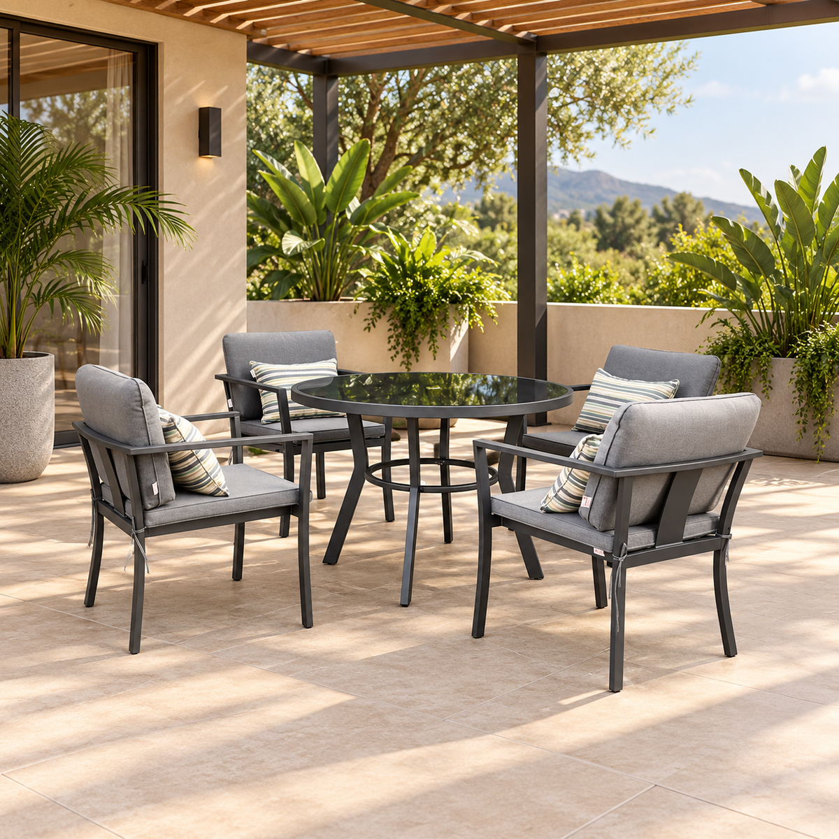 Comedor BALI negro con mesa redonda para terraza cubierta y exterior
