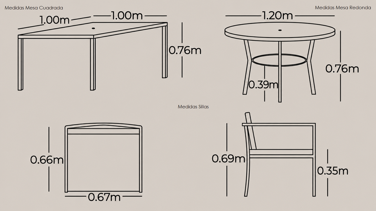 Plano técnico y dimensiones del Comedor BALI con mesa cuadrada y redonda