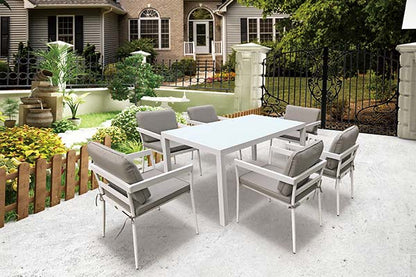 Vista de comedor CADAQUES blanco, conjunto de comedor de aluminio para balcón cubierto
