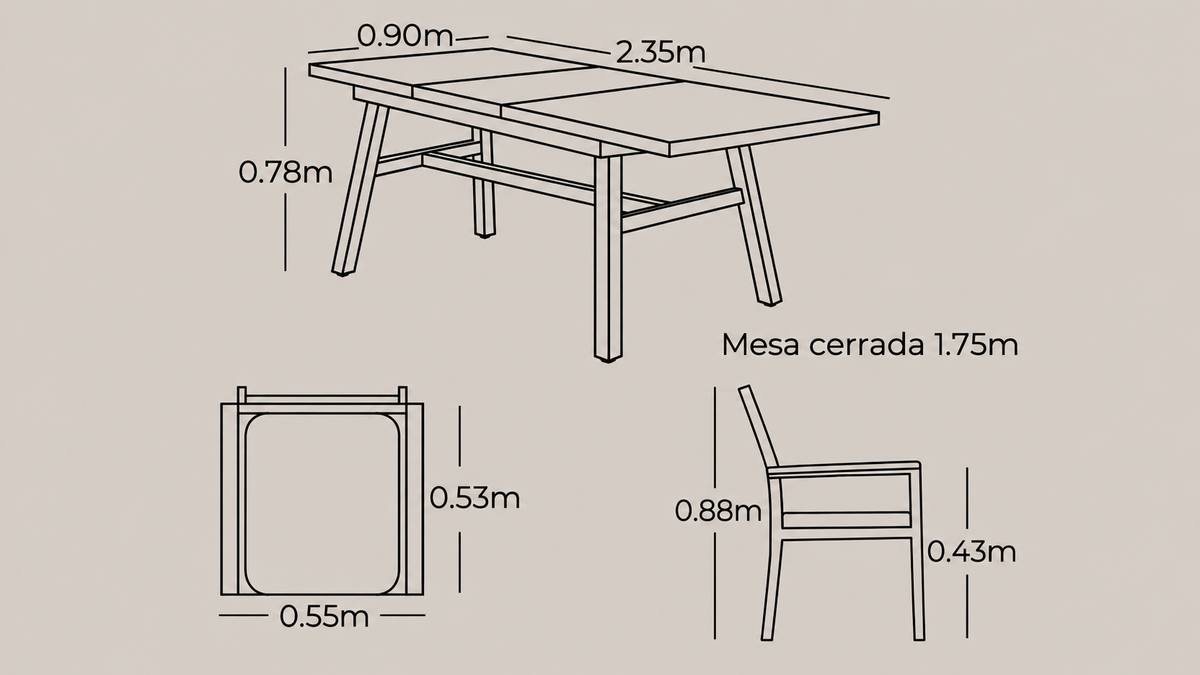 Plano técnico y dimensiones del Comedor MÓNACO expansible de 6 a 8 puestos