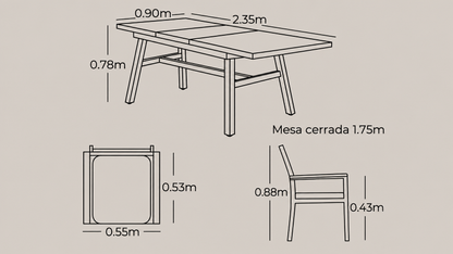 Plano técnico y dimensiones del Comedor MÓNACO expansible de 6 a 8 puestos