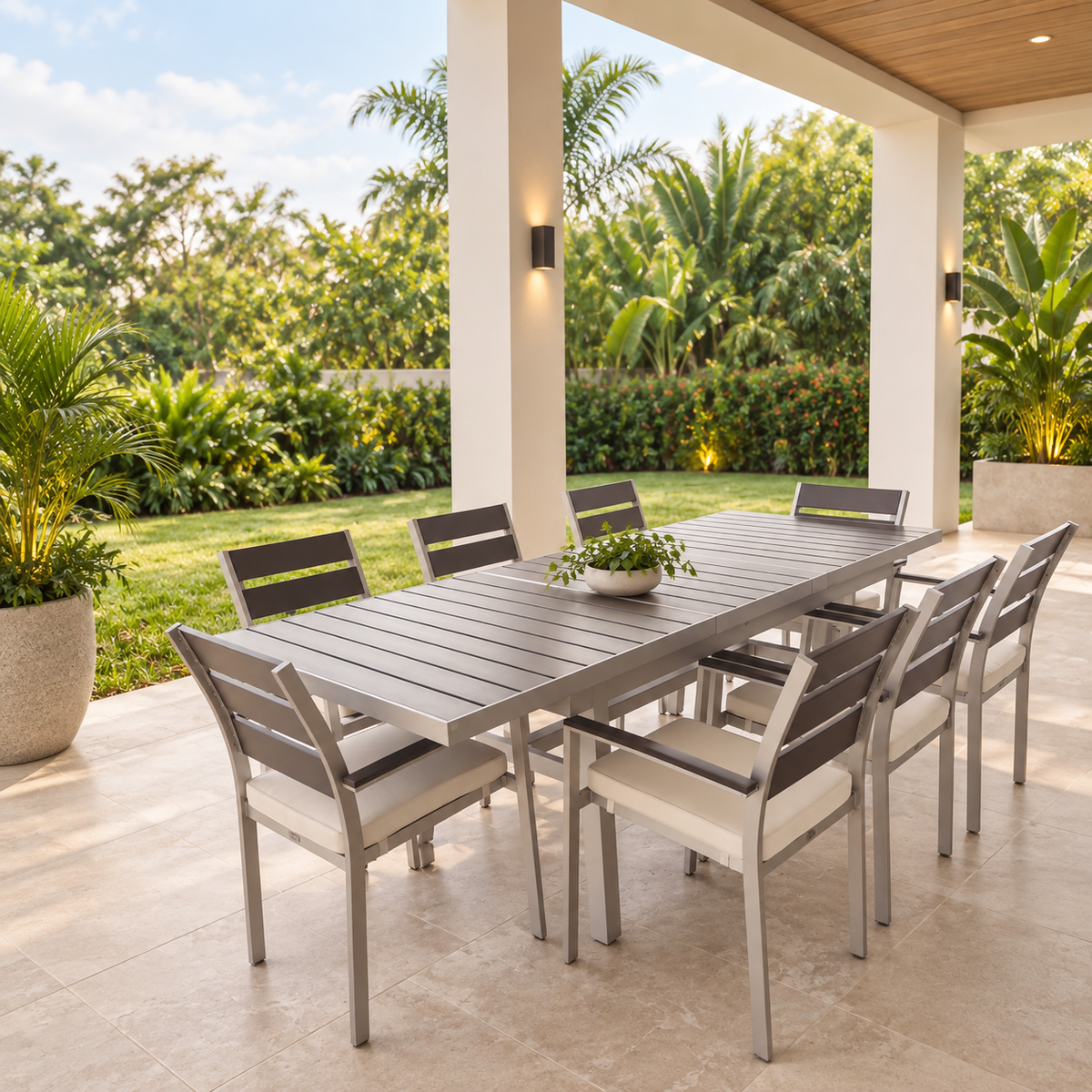 Comedor MÓNACO expansible con mesa y sillas apilables para exterior cubierto