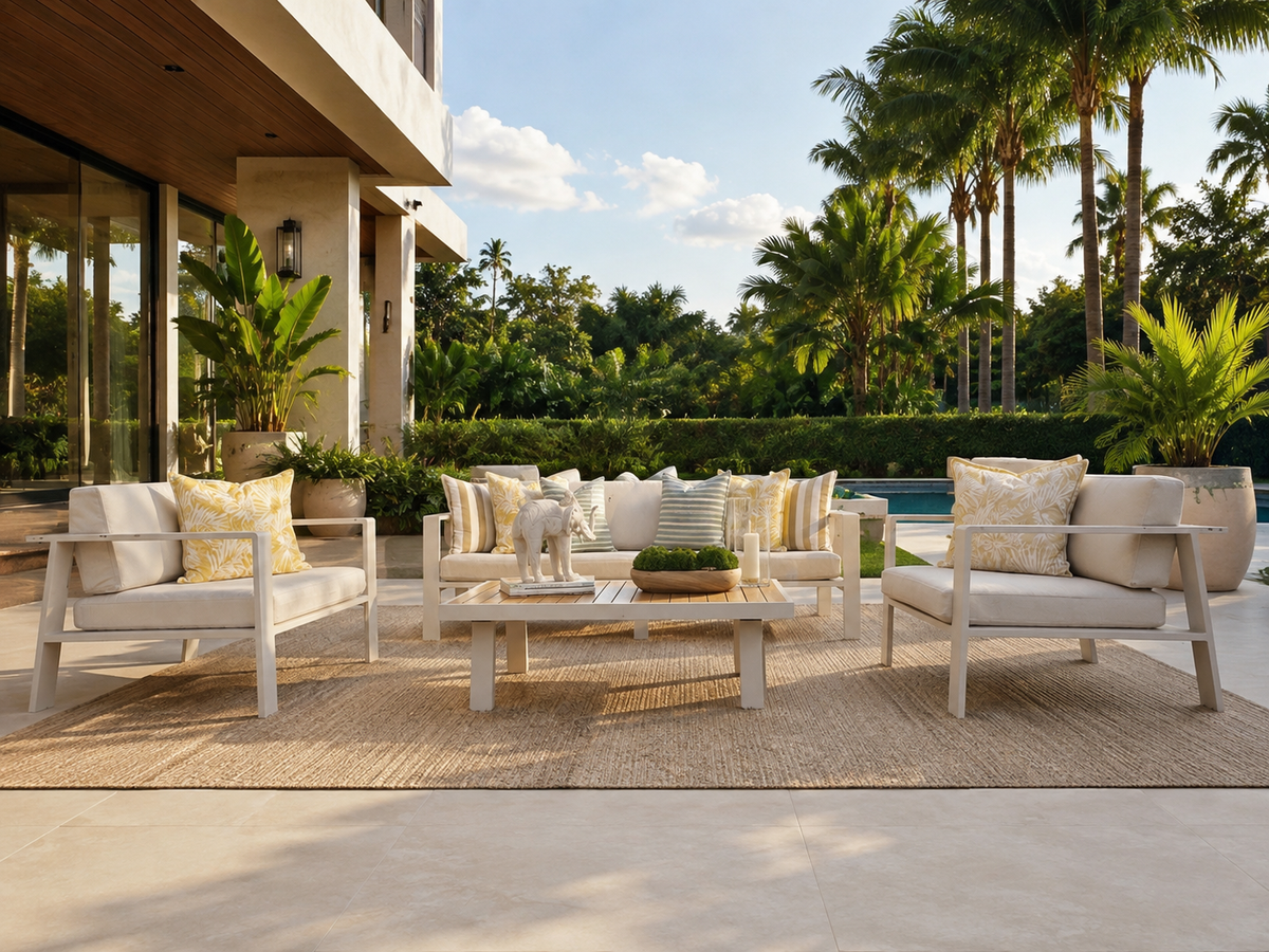 Sala POMPANO clara con sofá y sillones para terraza exterior cubierta