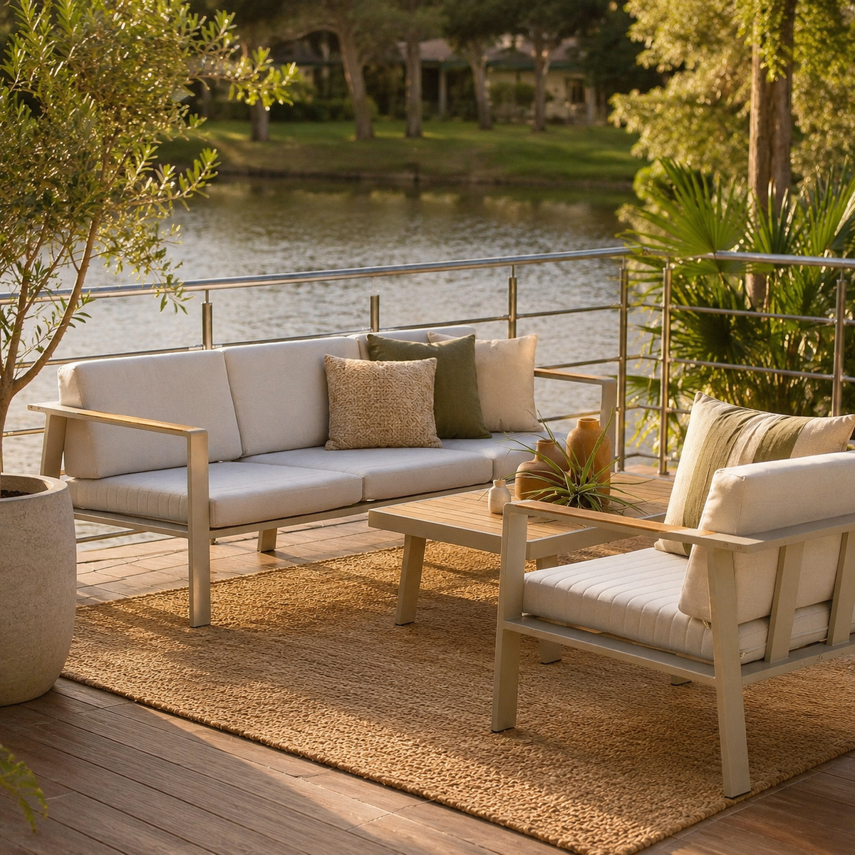 Sala POMPANO para terraza exterior con sofá, sillones y mesa de centro