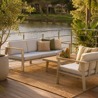 Sala POMPANO para terraza exterior con sofá, sillones y mesa de centro