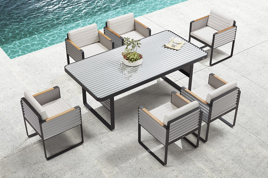 Set de comedor PORTLAND, comedor de aluminio negro con madera teca y aluminio corrugado para terraza cubierta