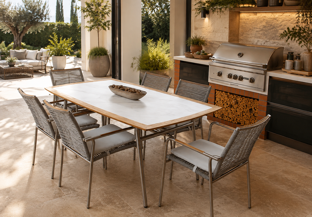 Comedor VELEROS para espacios exteriores con acero inoxidable y detalles en teca