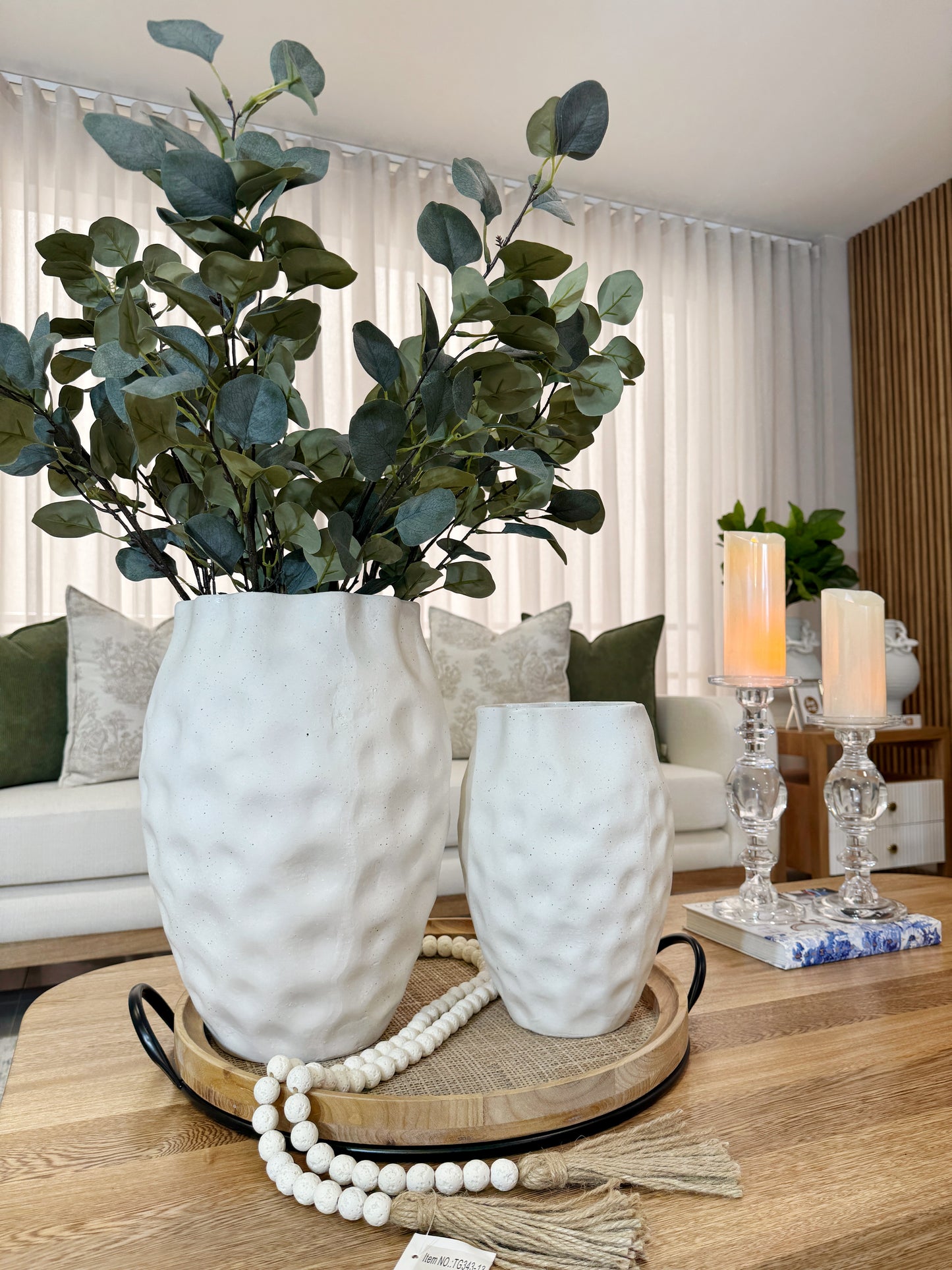 Jarrones blancos de cerámica con textura, disponibles en 38.5cm y 29cm de altura, floreros decorativos para sala