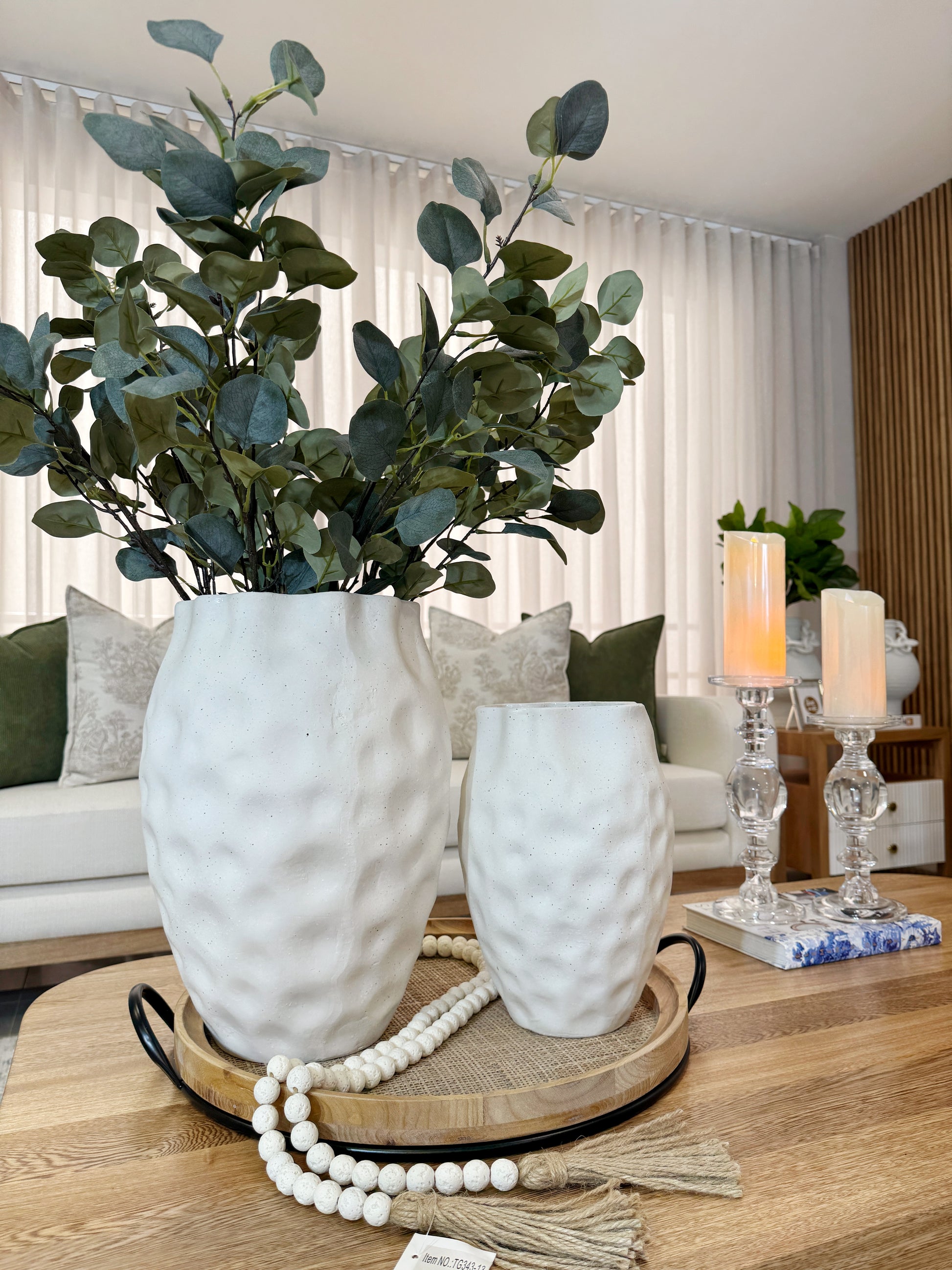 Jarrones blancos de cerámica con textura, disponibles en 38.5cm y 29cm de altura, floreros decorativos para sala