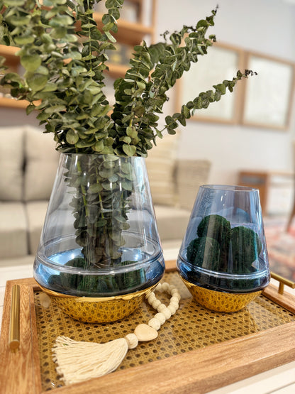 Floreros decorativos en cristal azul con base dorada cromada, jarrones elegantes para mesa de centro y sala