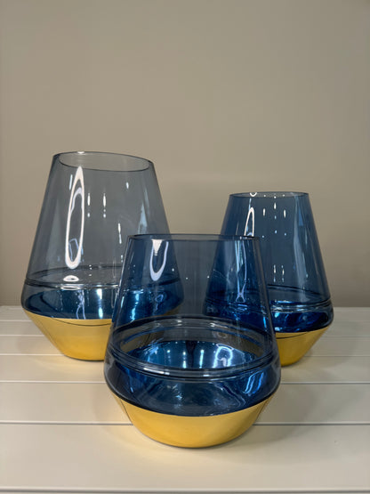 Jarrones de cristal azul con base cromada dorada, floreros decorativos sofisticados para mesa de centro