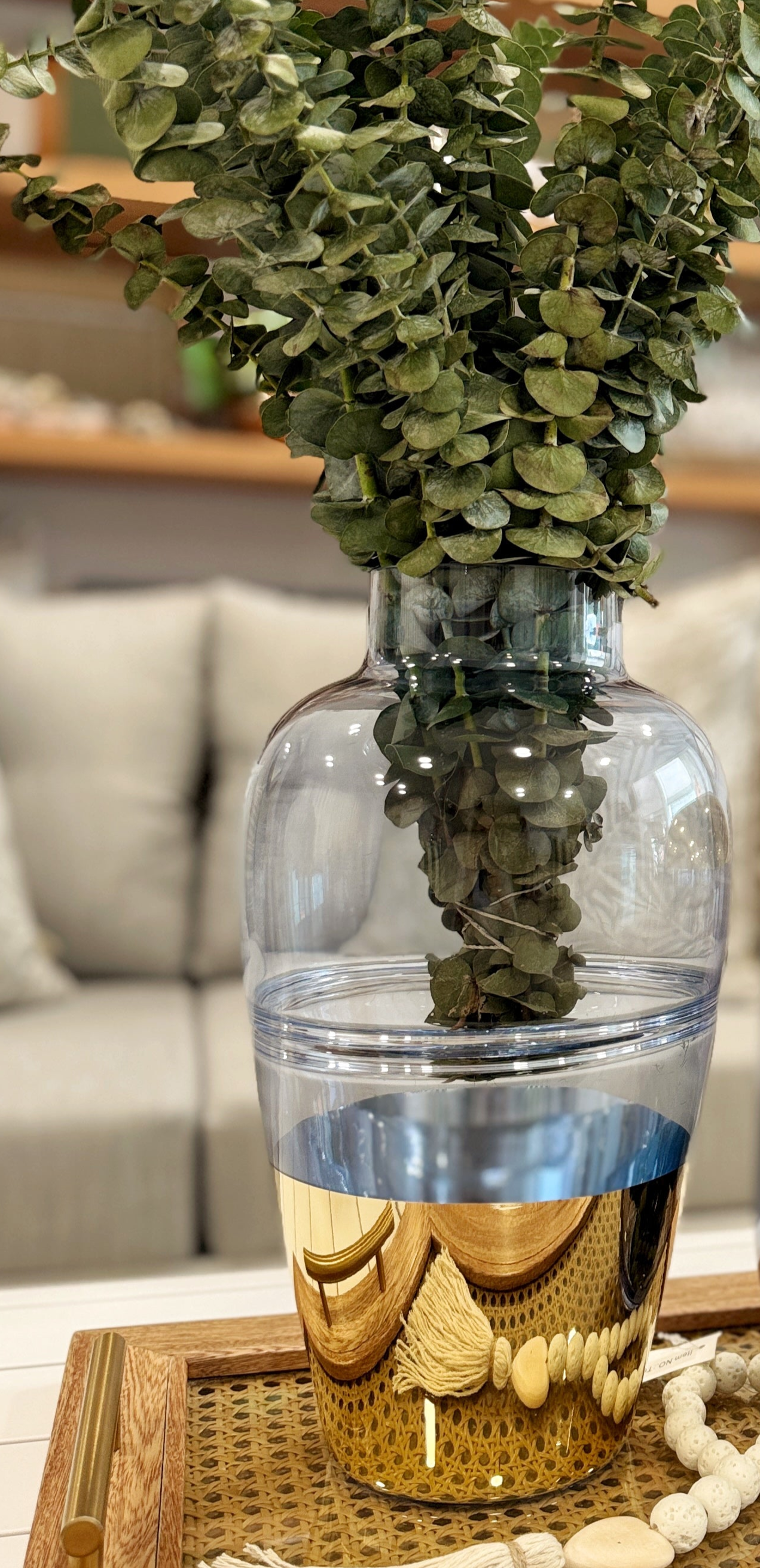 Jarrones decorativos de cristal azul con detalle cromado dorado, floreros elegantes para sala