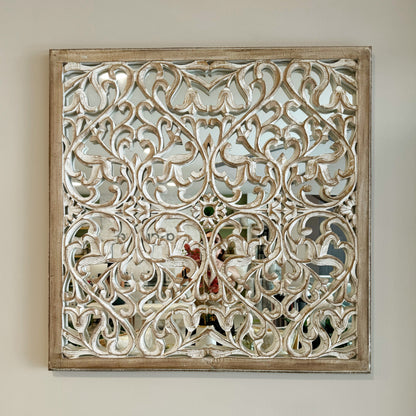 Detalle de mandala cuadrada de madera tallada a mano con espejo, arte decorativo de pared de India
