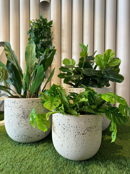 Vista de matera en creastone apta para intemperie, maceta decorativa para plantas de exterior e interior