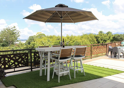 Mesa bar y silla bar giratoria NEW YORK, conjunto de aluminio blanco con detalles de madera teca para exterior