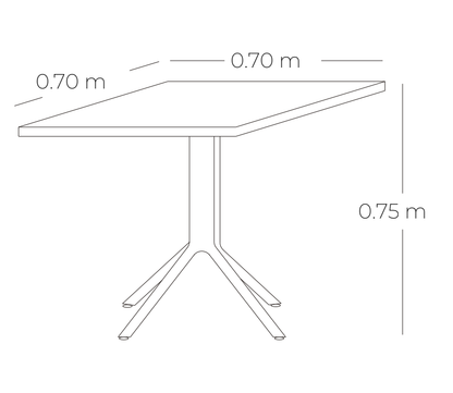 Medidas de mesa de comedor PASSO, especificaciones técnicas de mesa cuadrada de resina 70 x 70 x 75cm
