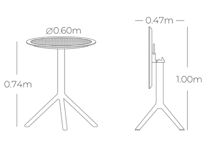Medidas de mesa de comedor SOLE, especificaciones técnicas de mesa redonda plegable Ø 60 x 74cm
