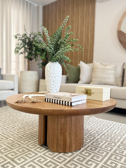 Mesa de centro redonda en madera maciza flor morado Ø 90 x 40cm, mobiliario interior elegante