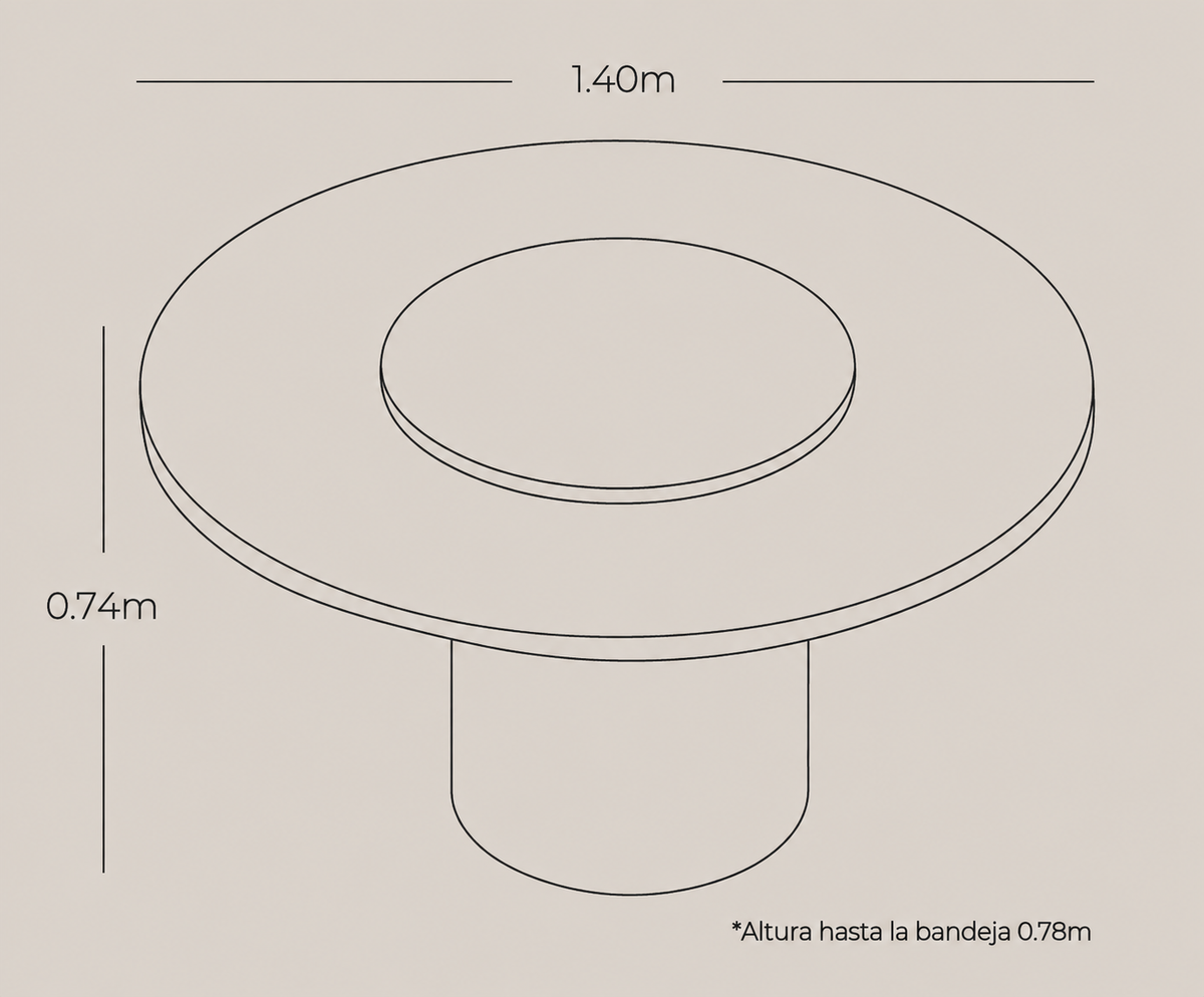 Plano técnico y dimensiones de la Mesa de Comedor SWAN con bandeja giratoria