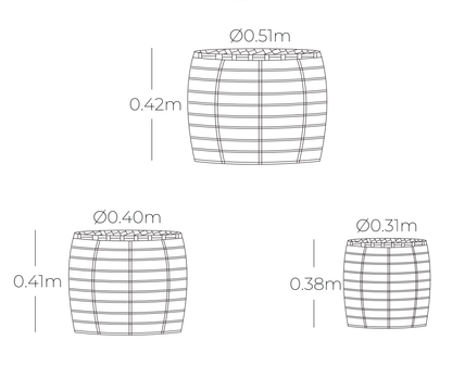 Medidas de mesas auxiliares PATTAYA, especificaciones técnicas del set de 3 mesas apilables
