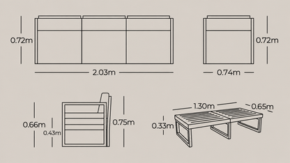 Plano técnico y dimensiones de la Sala ADRIA con sofá, sillones y mesa
