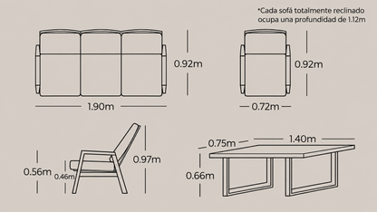 Plano técnico y dimensiones de la Sala ALURA con sofá, sillones y mesa de comedor